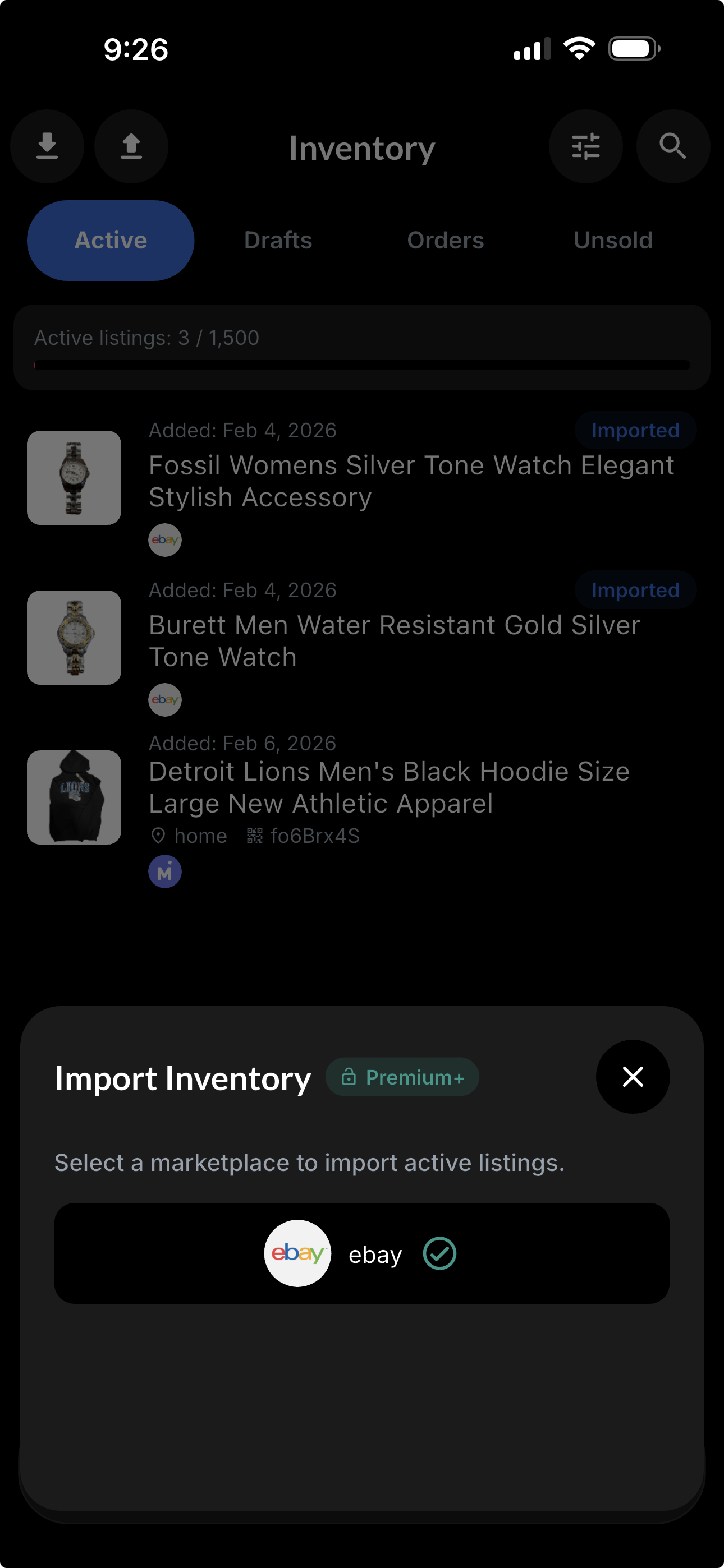 Resylr import listings screen