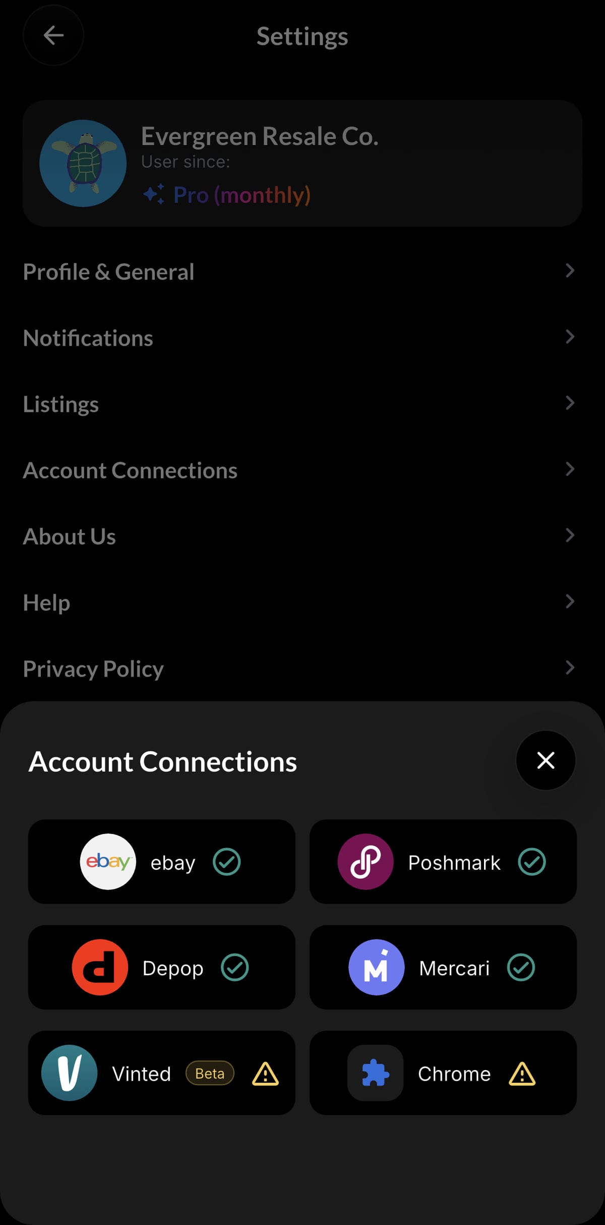 Resylr delist and sync account connections screen