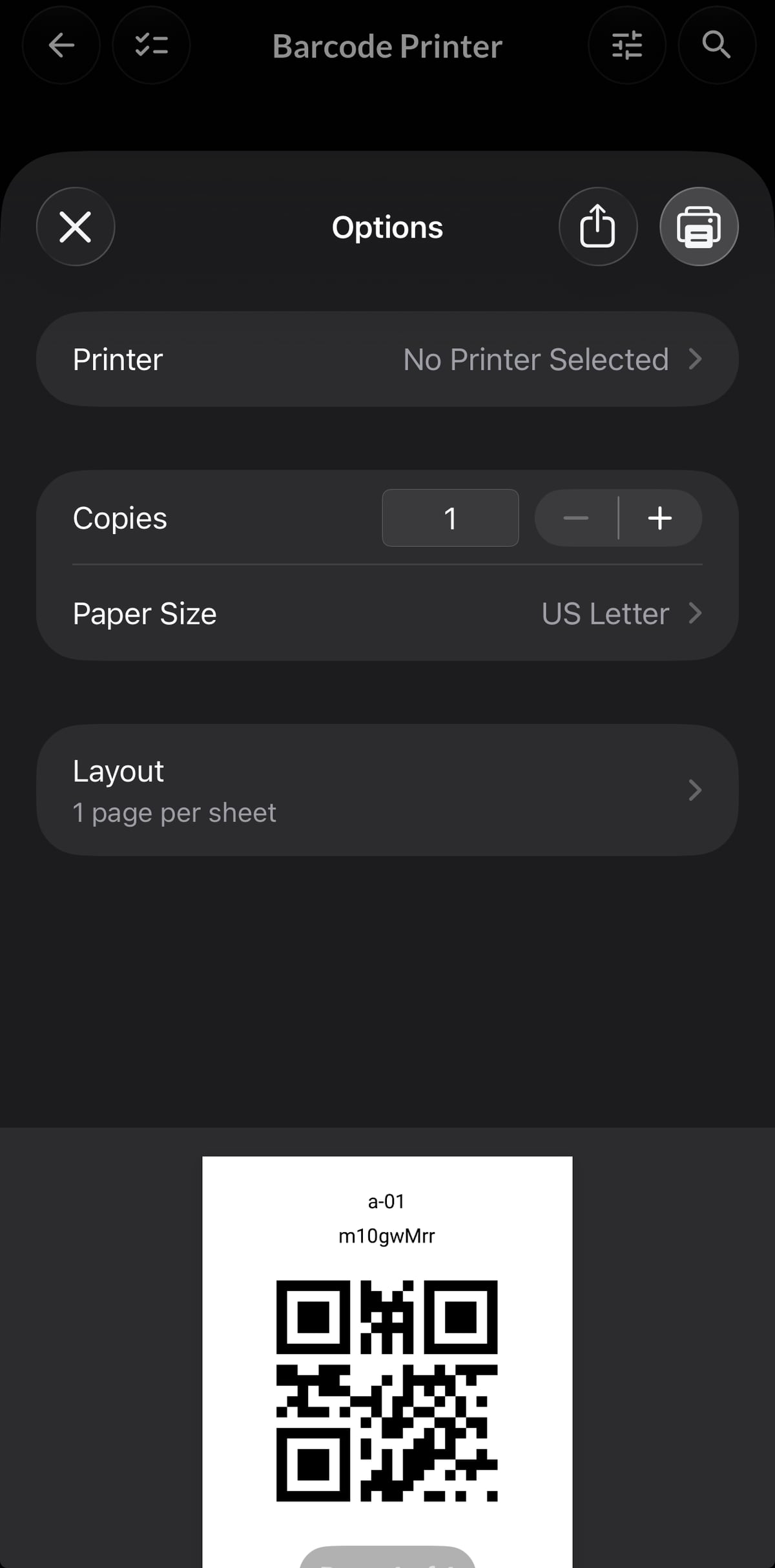 Resylr inventory label printing screen