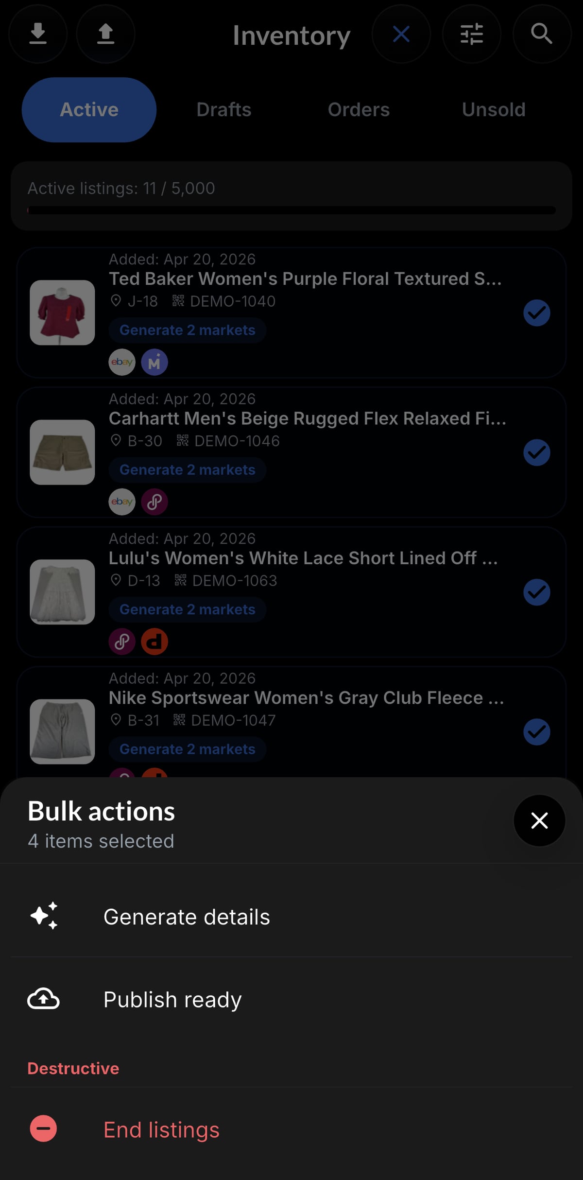 Resylr bulk inventory actions screen