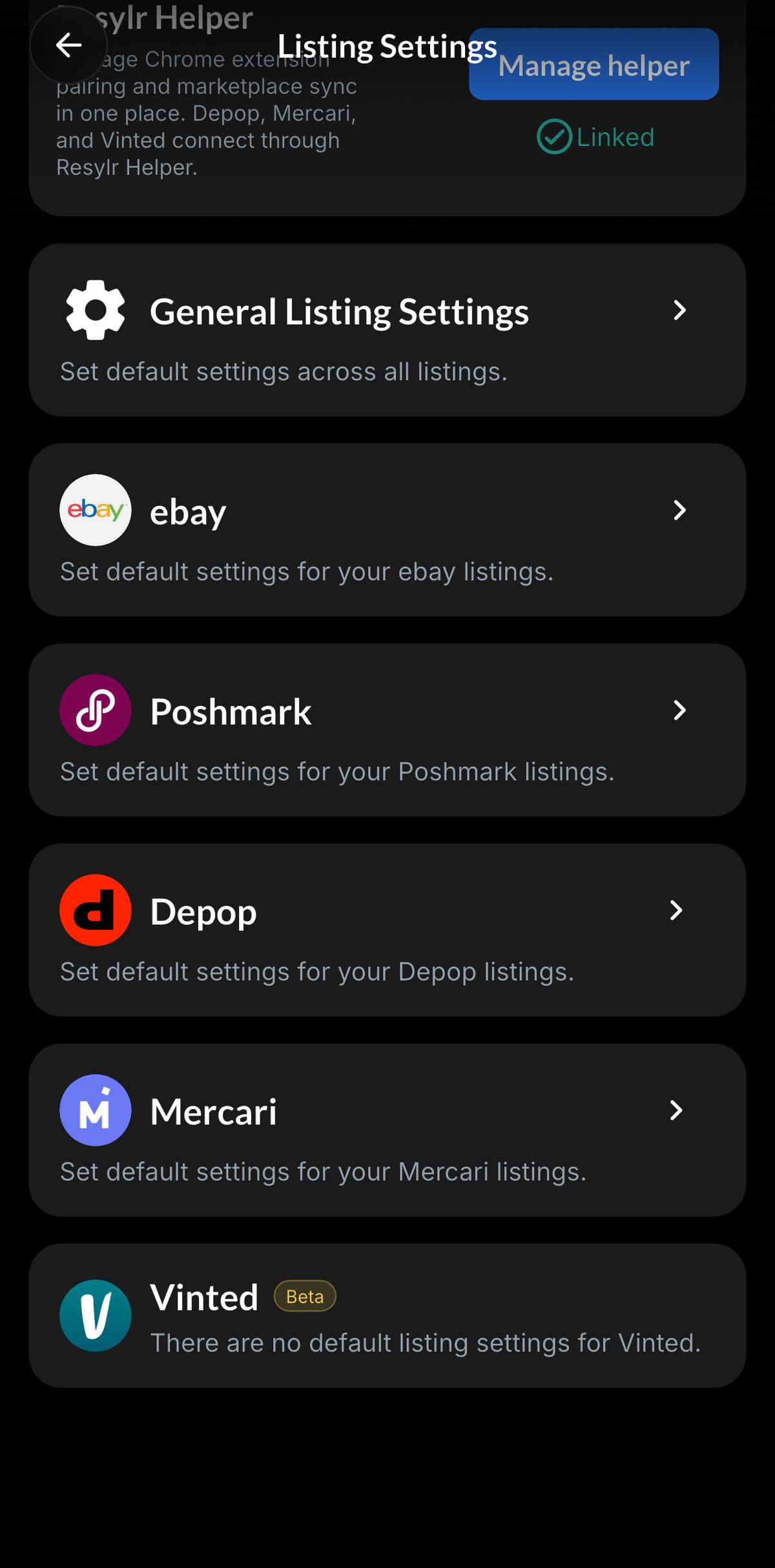 Resylr default listing settings screen
