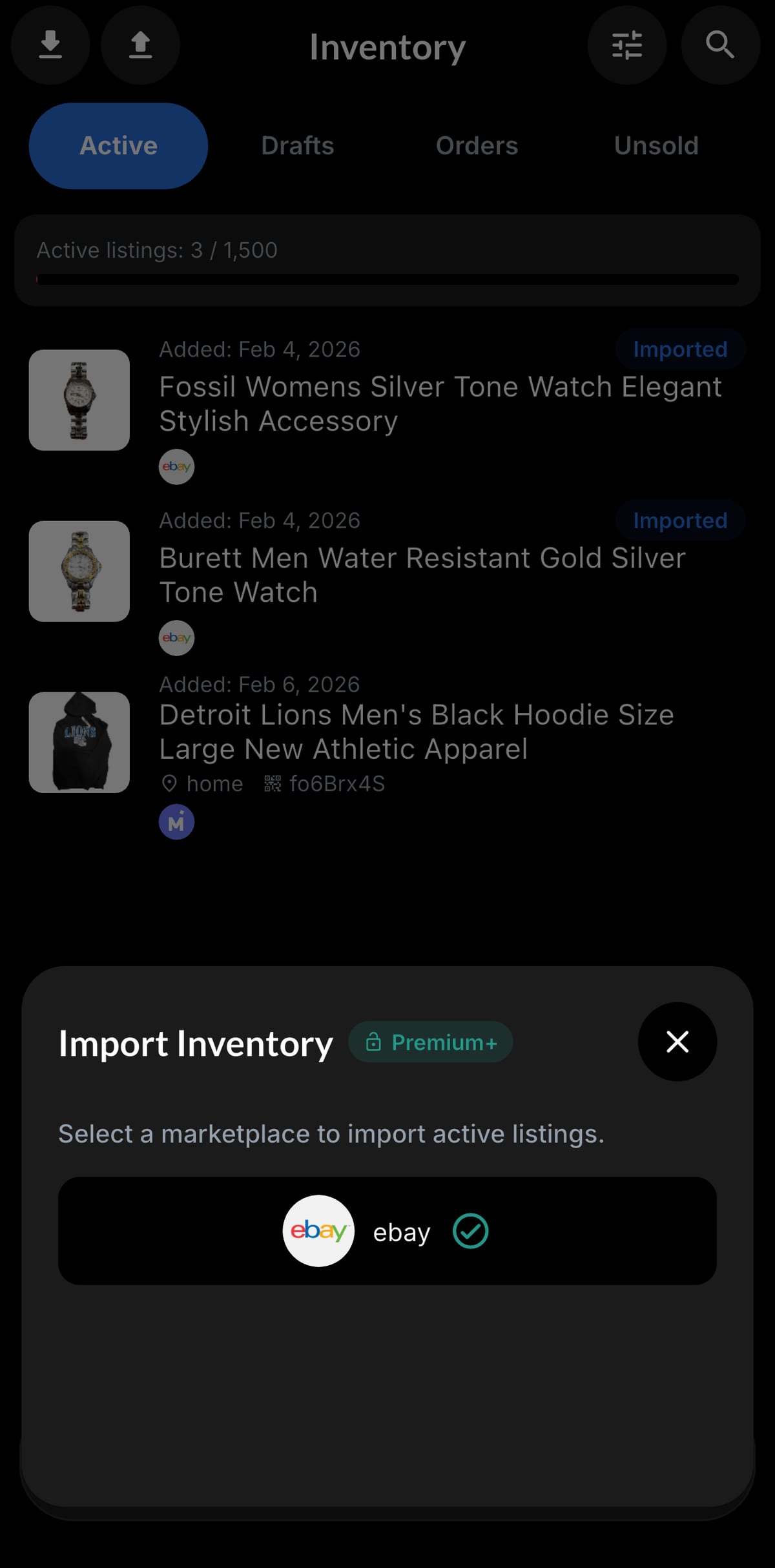 Resylr eBay inventory import screen
