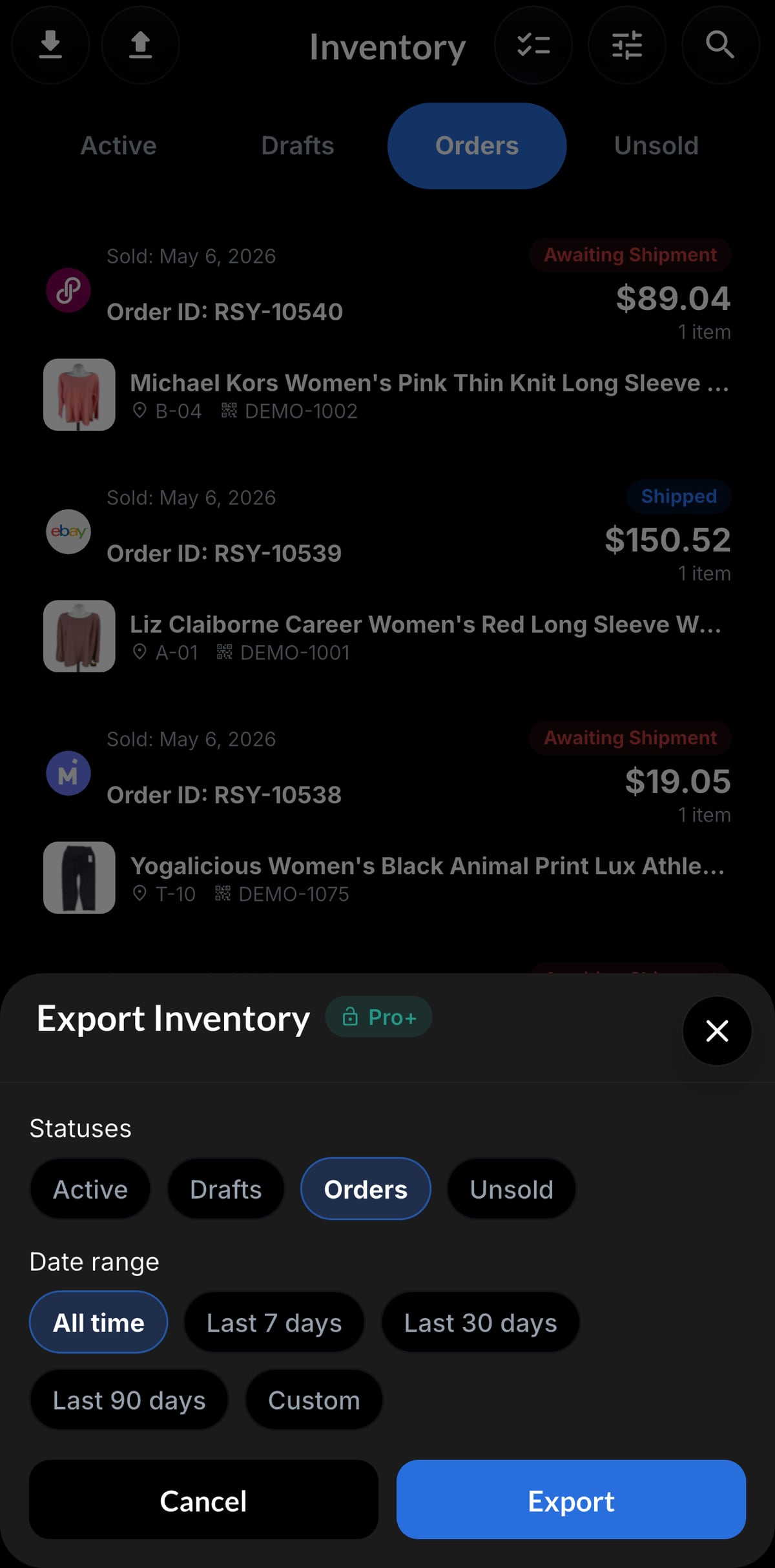 Resylr inventory export screen