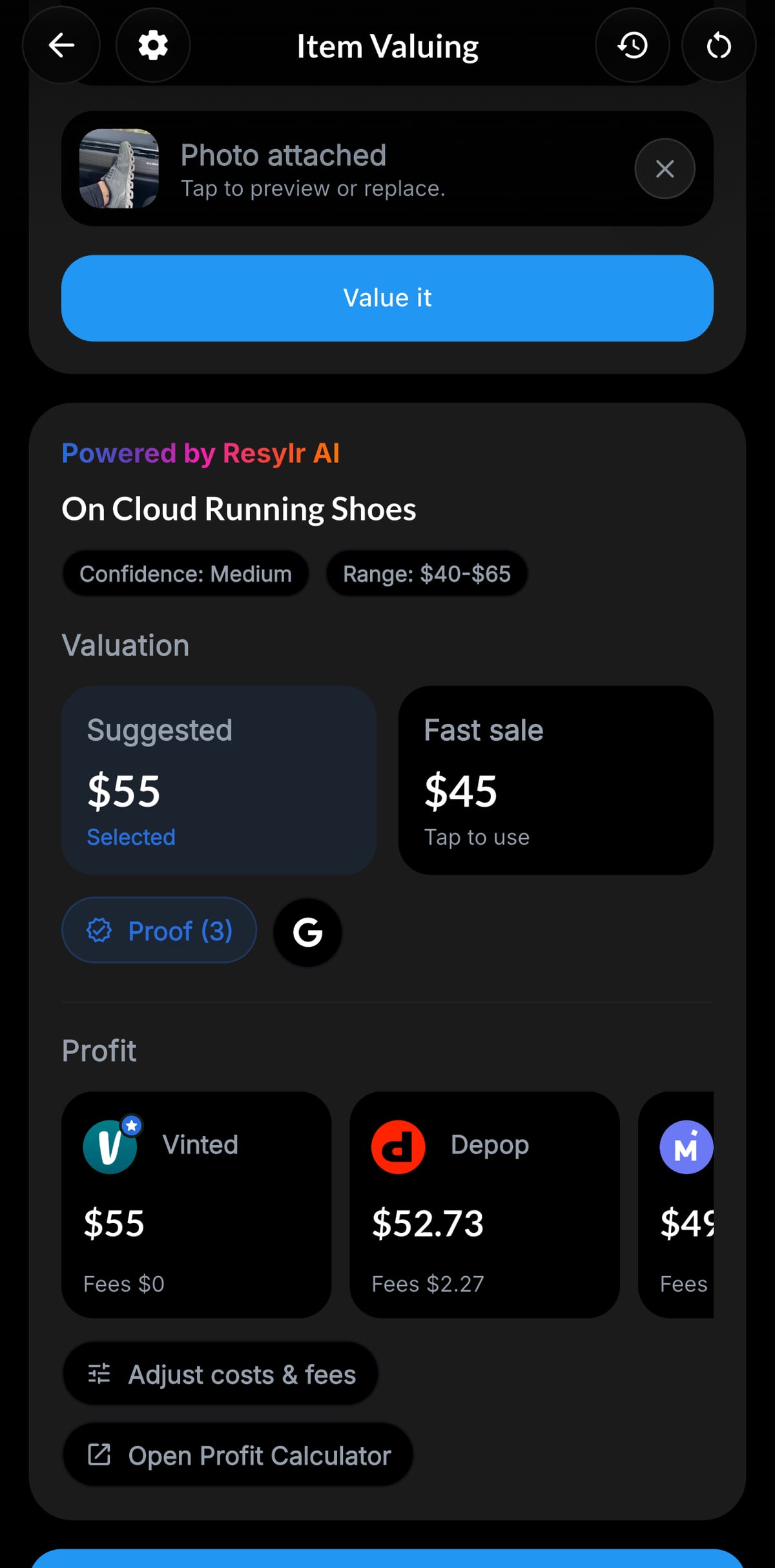 Resylr Item Valuing screen