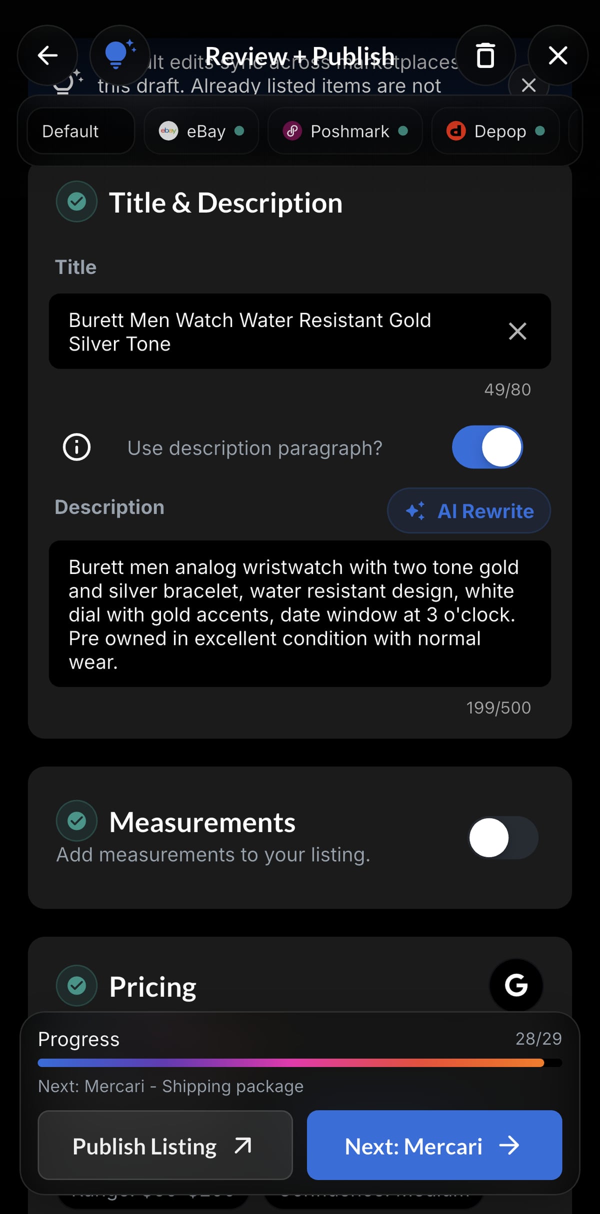 Resylr AI listing generation screen