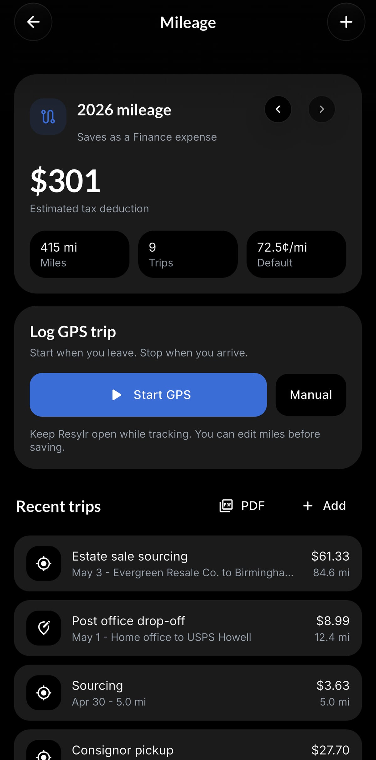 Resylr mileage tracking screen
