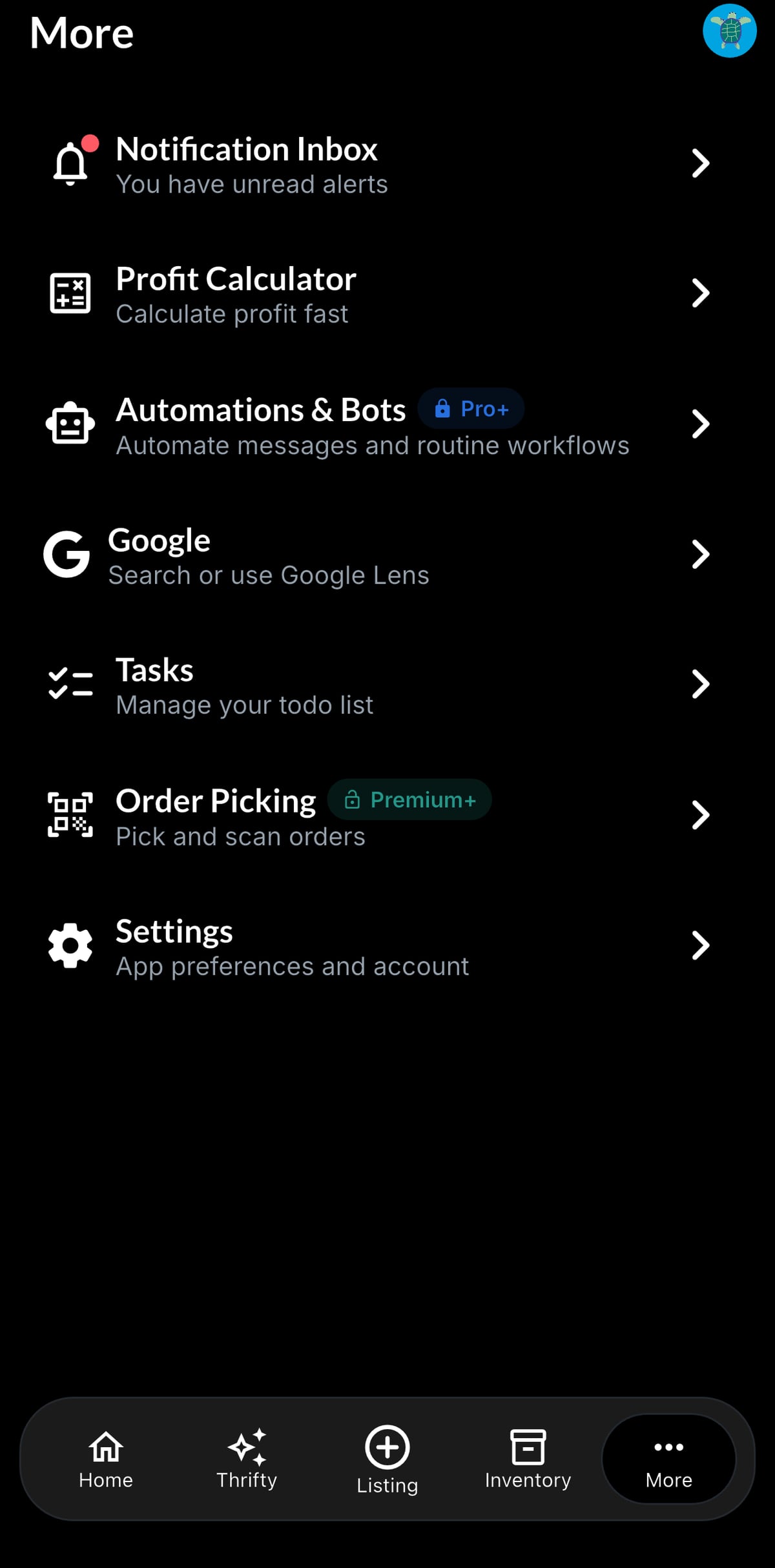 Resylr tools screen showing more reseller features in the app