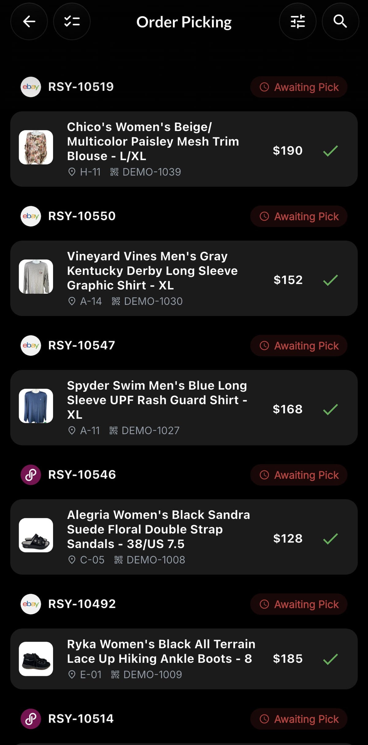 Resylr order picking screen