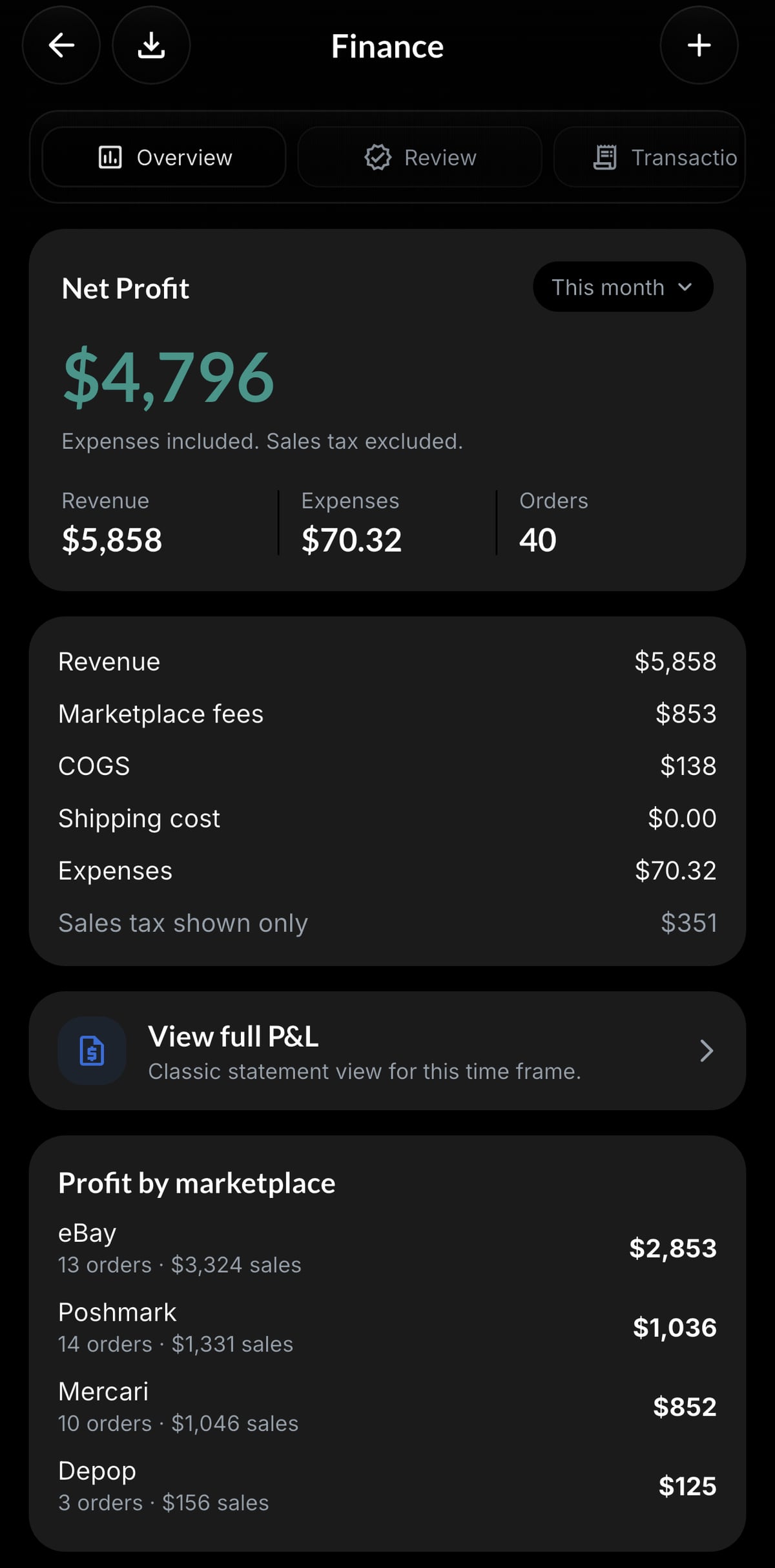 Resylr profit tracking screen