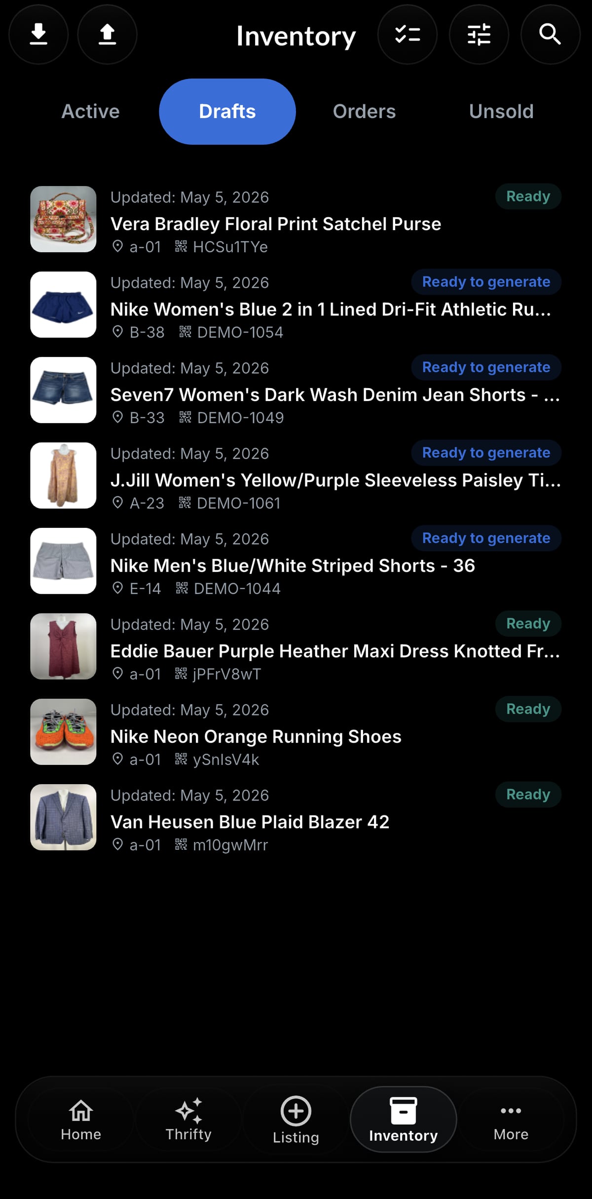 Resylr saved drafts inventory screen