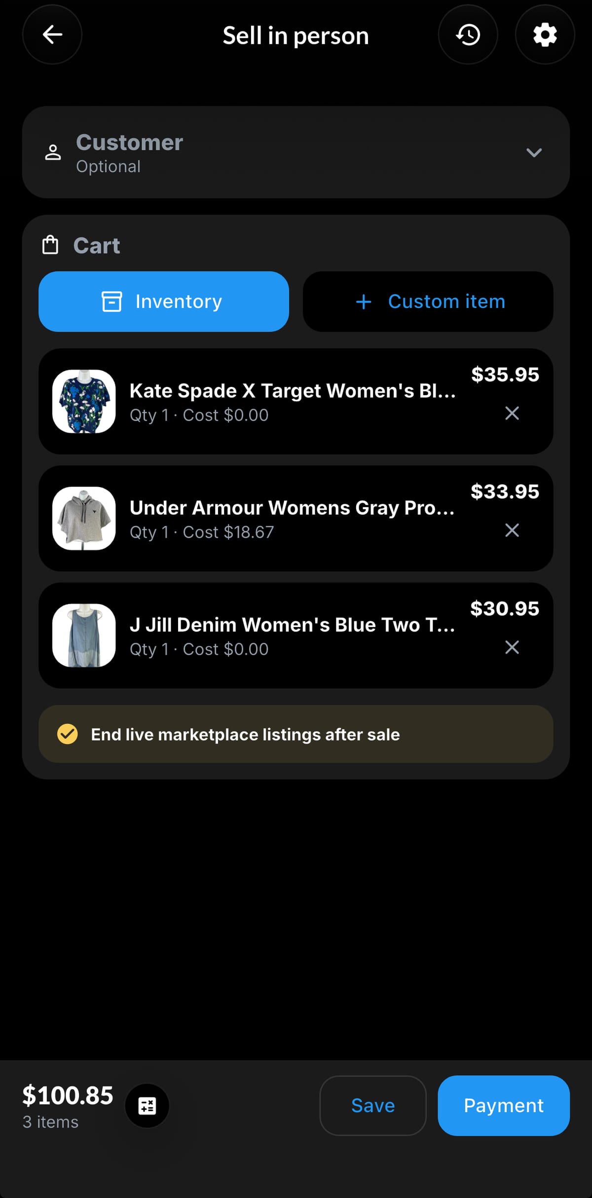 Resylr Sell in person cart screen