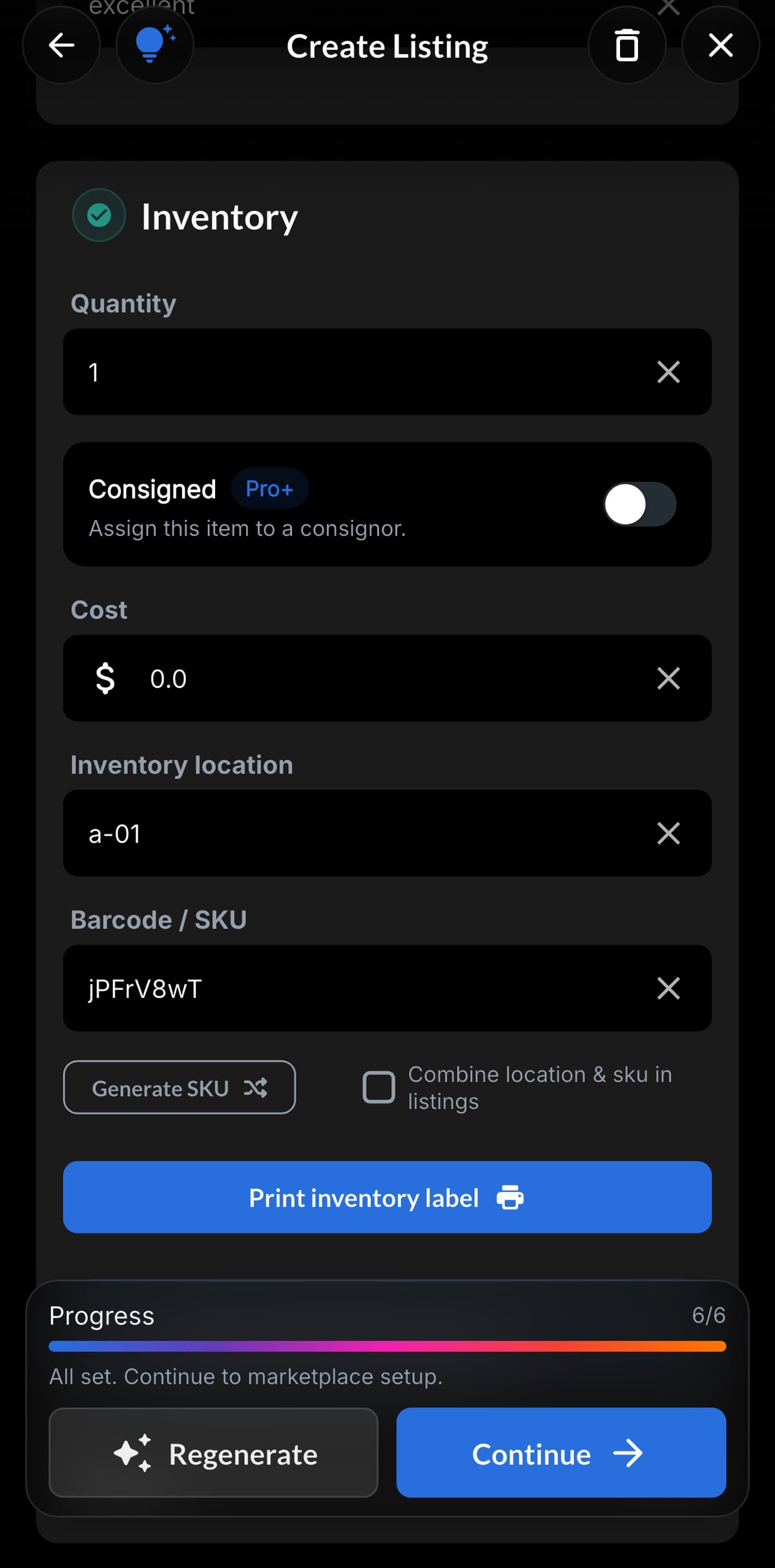 Resylr SKU and bin label screen