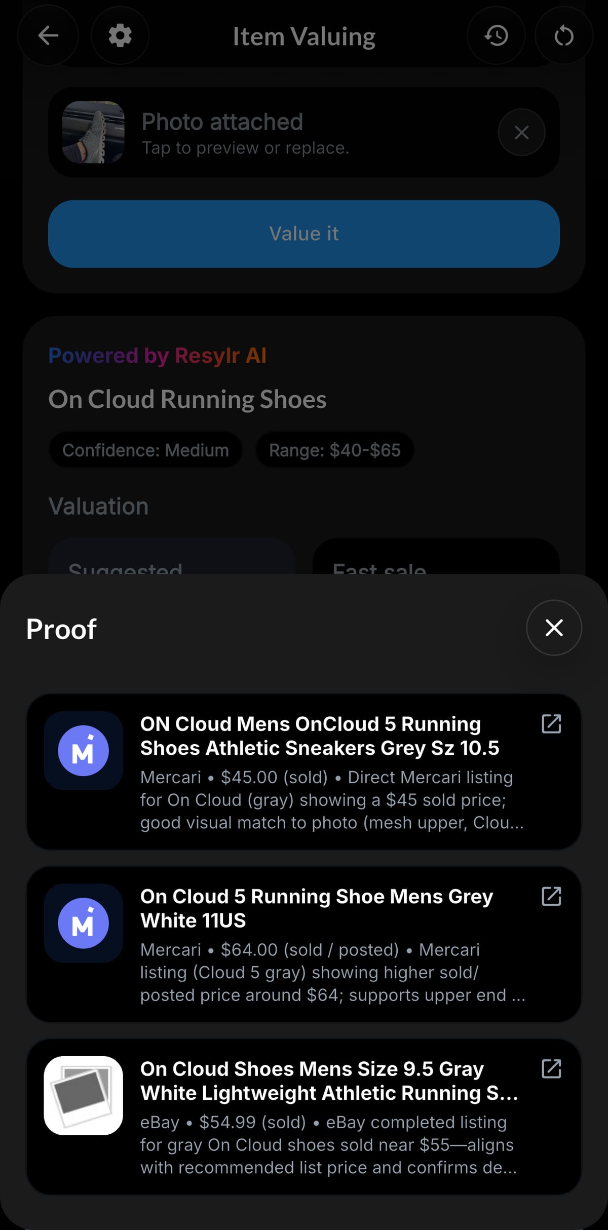 Resylr Item Valuing sold comps proof screen