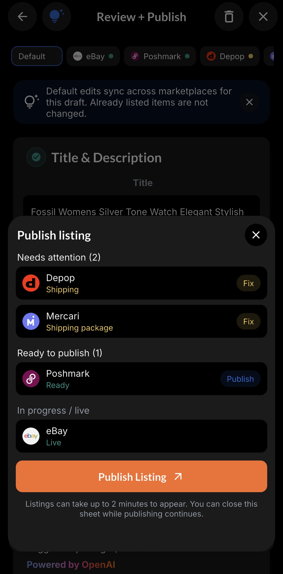 Resylr marketplace publishing screen