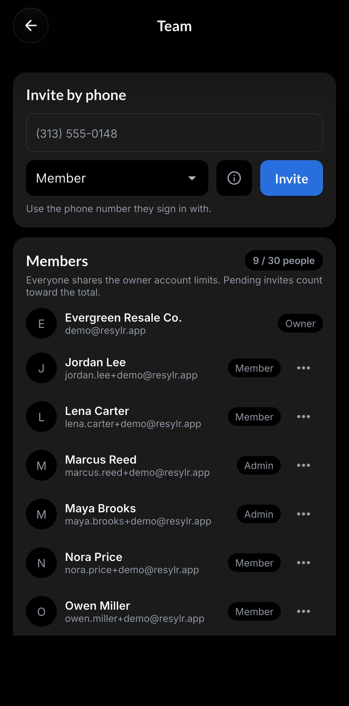 Resylr team access screen