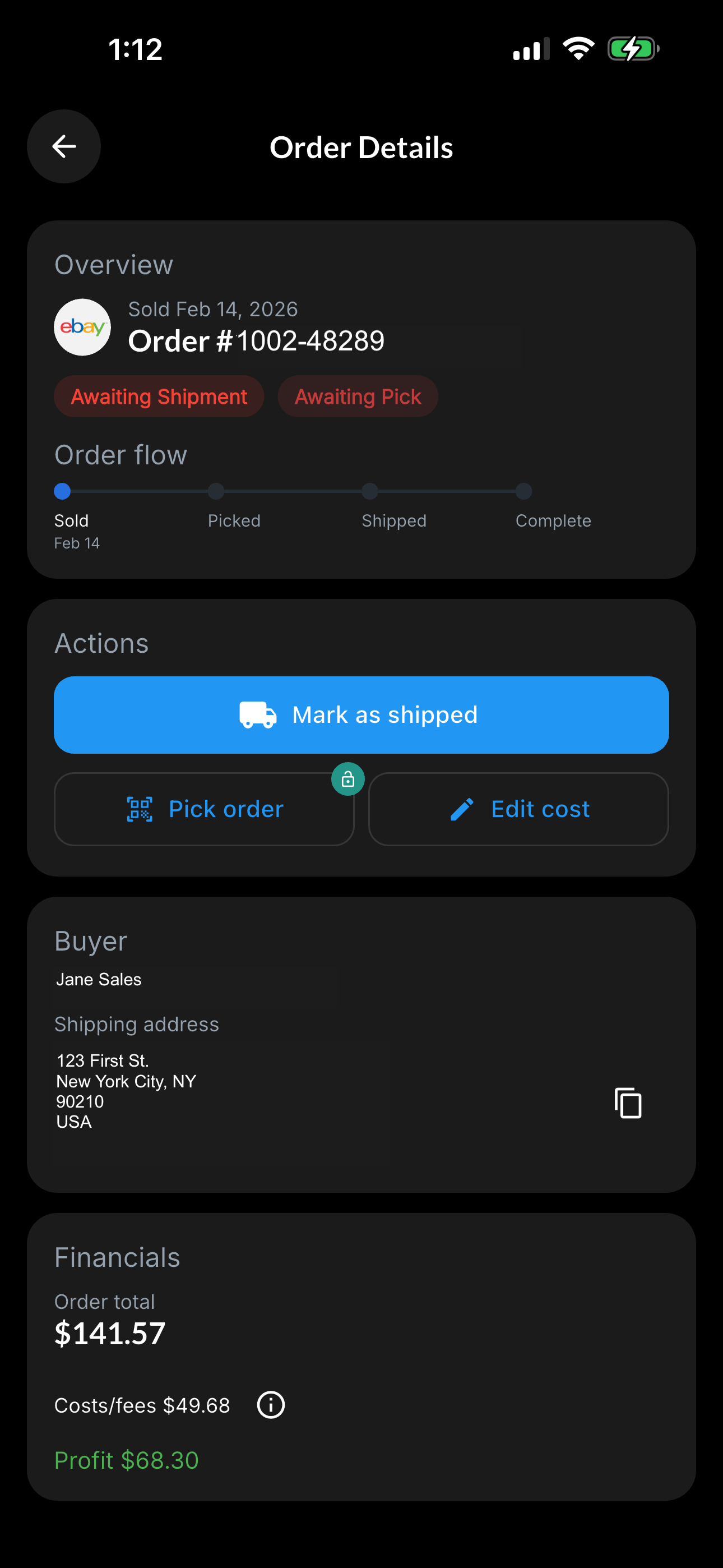 Resylr order details screen